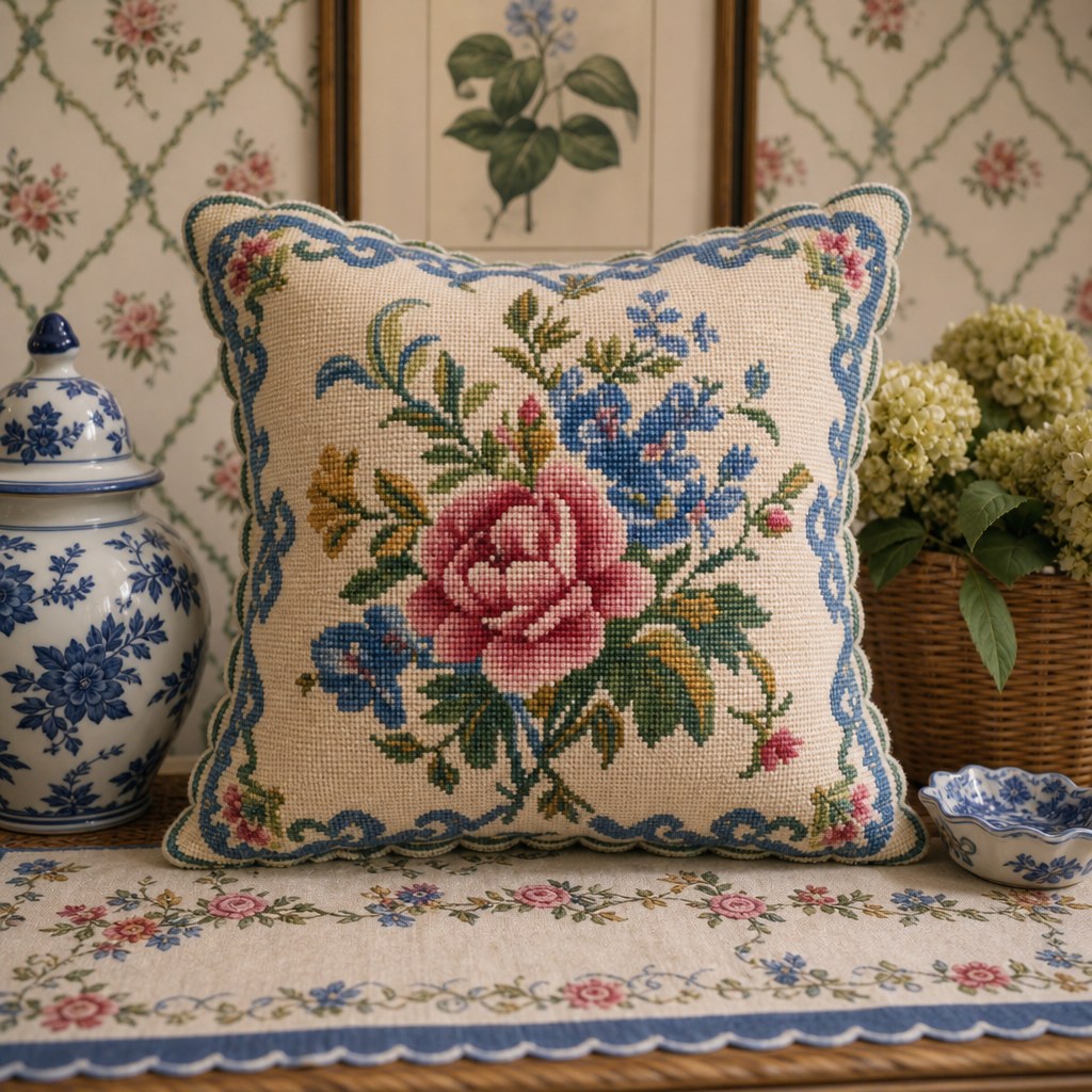 Grandmillennial needlepoint and handmade detail - needlepoint floral pillow, embroidered table runner, botanical print, and ceramic trinket dish