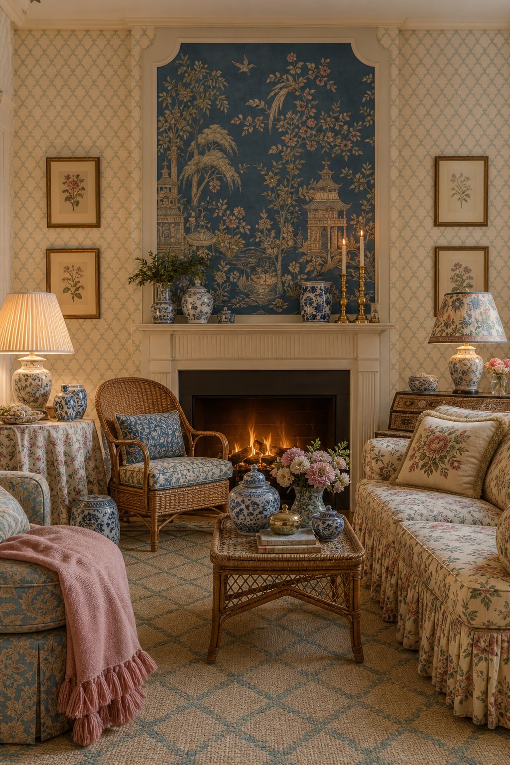 Grandmillennial warm light layer - ceramic lamp with pleated shade, chinoiserie lampshade, velvet tasseled throw, and brass candlestick pair