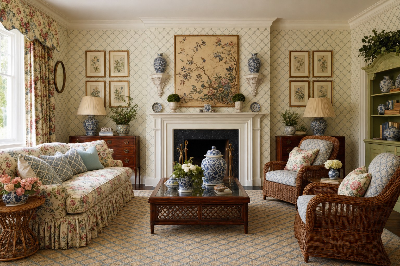 Grandmillennial living room with floral chintz cushions, blue-and-white ginger jars, needlepoint pillow, botanical prints, and warm pleated lampshade