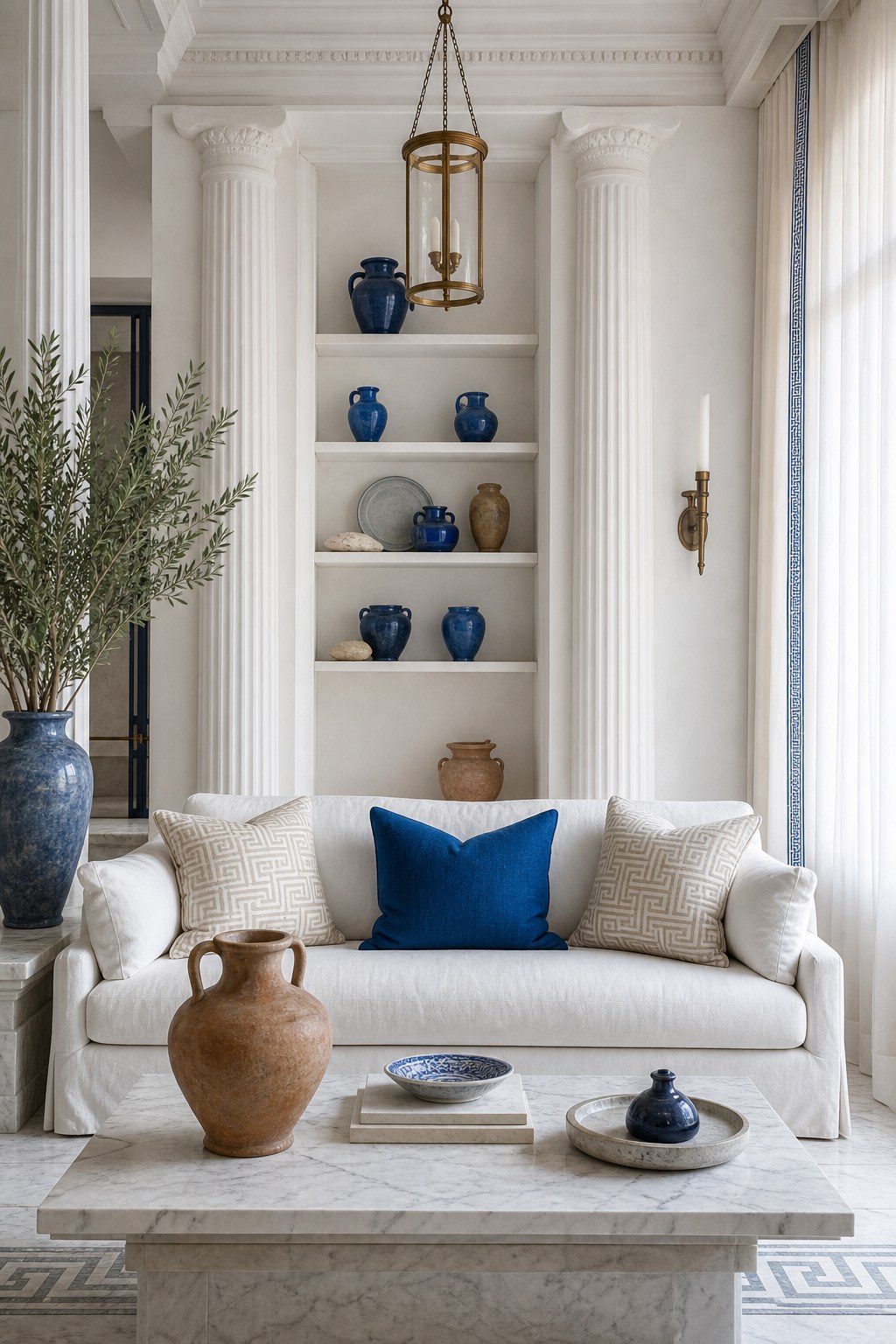 Greek Aegean blue and white palette: cobalt ceramic vessels on whitewashed shelf, Santorini blue throw pillow on white linen sofa, Greek key patterned textiles, natural light through sheer curtains