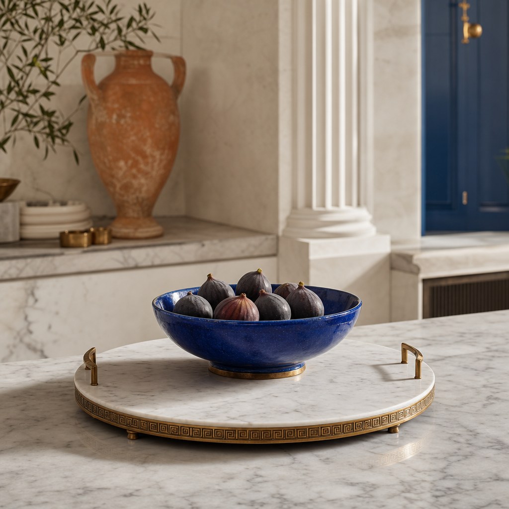 Greek marble surface layer: white Carrara marble tray on coffee table, marble pastry board in kitchen setting, marble coaster set with cobalt blue ceramics, natural stone texture in warm light