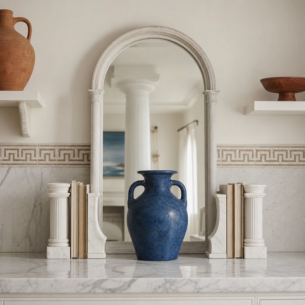 Greek column and arch details: white column-form bookends on marble shelf, arched mirror with whitewashed frame, Greek key meander pattern tile border in kitchen, classical architectural reference in modern apartment