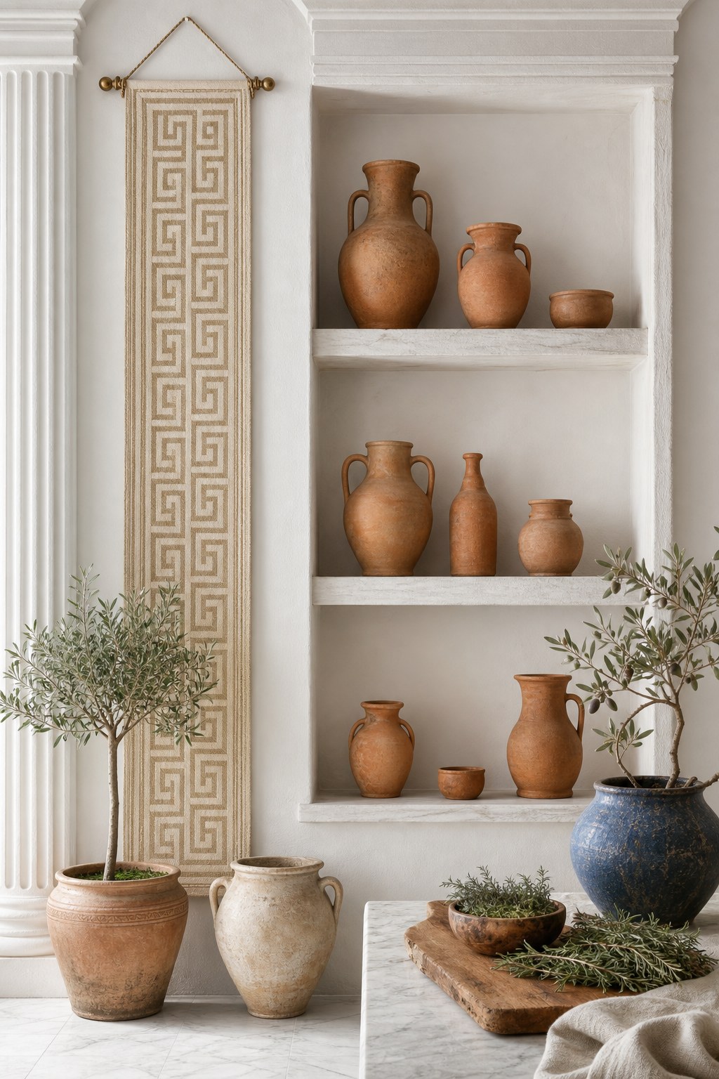 Greek terracotta and olive wood elements: unglazed terracotta vessels graduated set on whitewashed shelf, olive wood cutting board with Mediterranean herbs, small potted olive tree, warm earth tones against white wall