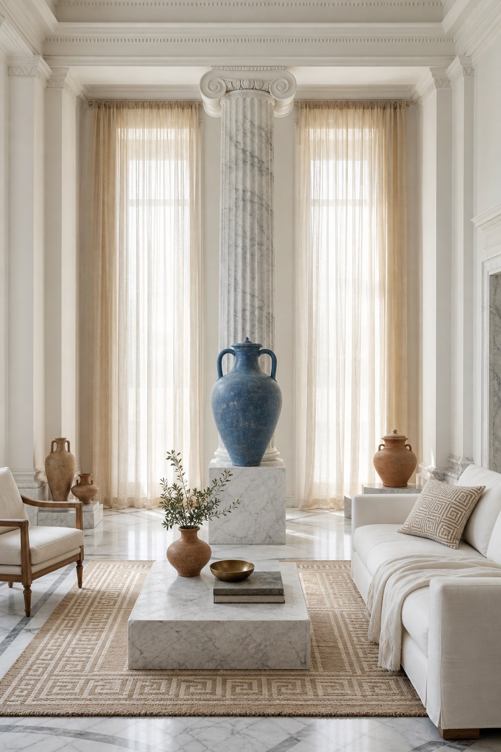 Greek linen textile foundation: sheer natural linen panel curtains in warm light, white cotton throw on sofa, flat-weave geometric rug with Greek fret pattern, airy Mediterranean interior with visible floor