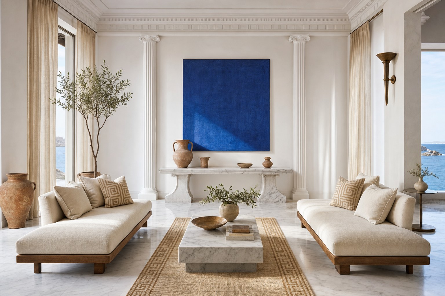 Greek-inspired interior with whitewashed walls, cobalt blue accents, marble surface, terracotta pottery, and sheer linen curtains in warm natural light