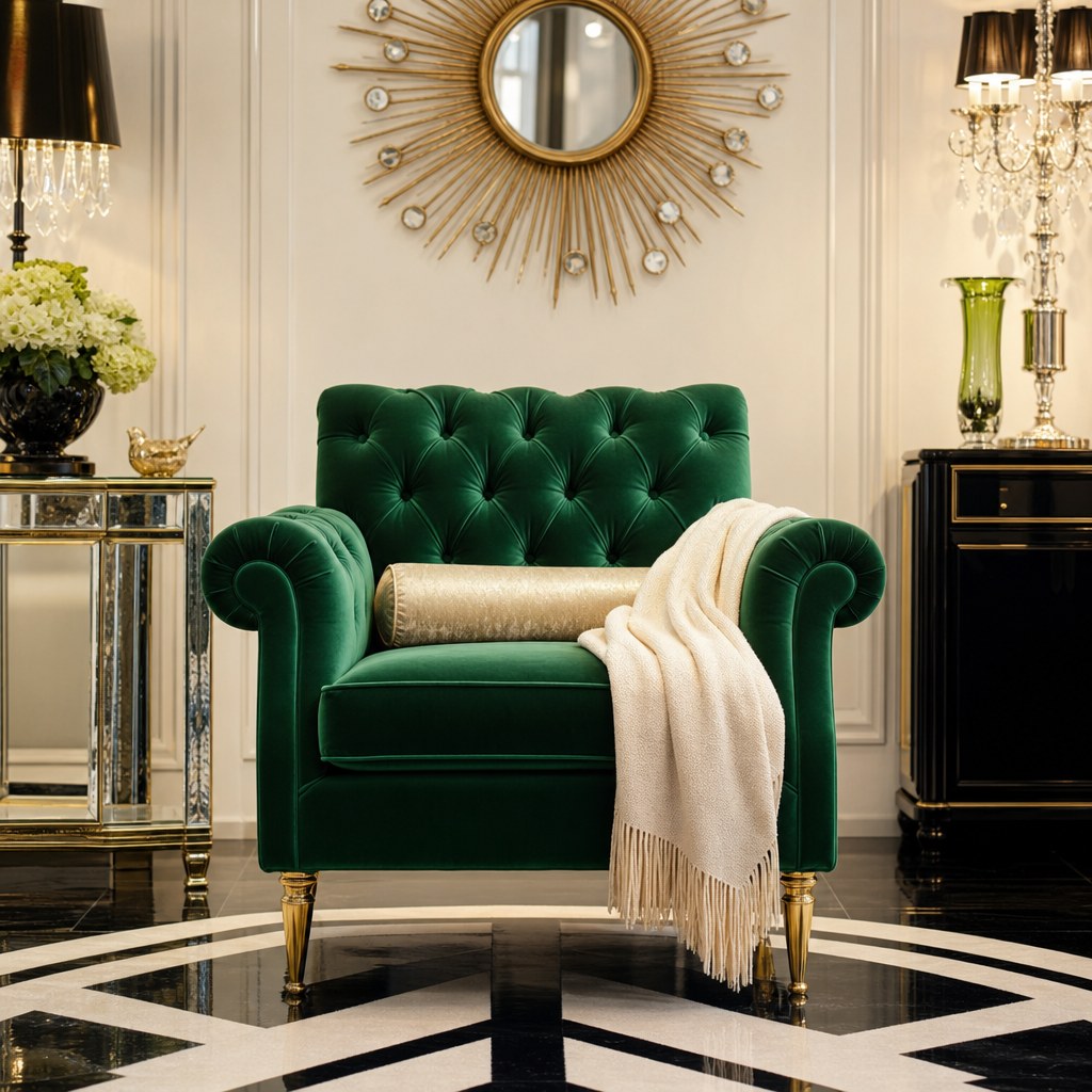Hollywood Regency velvet seating: emerald tufted armchair with brass legs, velvet bolster pillow, and throw in a cream-walled room