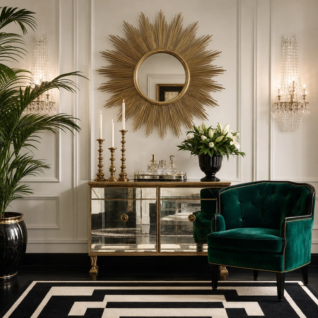 Hollywood Regency mirrors and brass: large sunburst mirror above console with brass candlestick grouping and mirrored tray on gold-trim side table