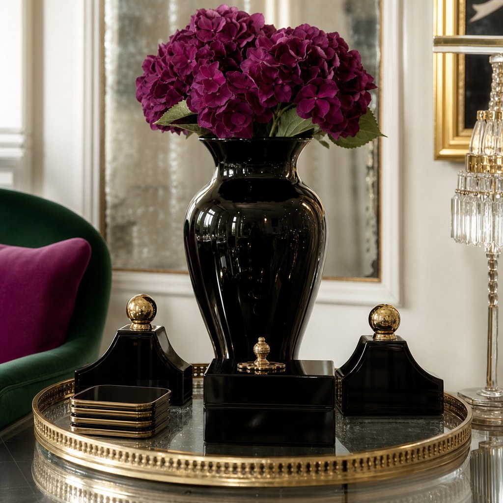 Hollywood Regency lacquered surfaces: black high-gloss vase, lacquered bookends, coasters, and decorative box arranged on a brass tray