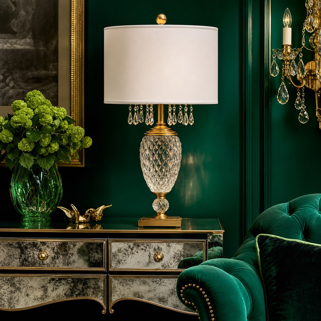 Hollywood Regency statement lighting: crystal table lamp with brass base, white drum shade, faceted crystal drops on wall sconce in a jewel-tone room