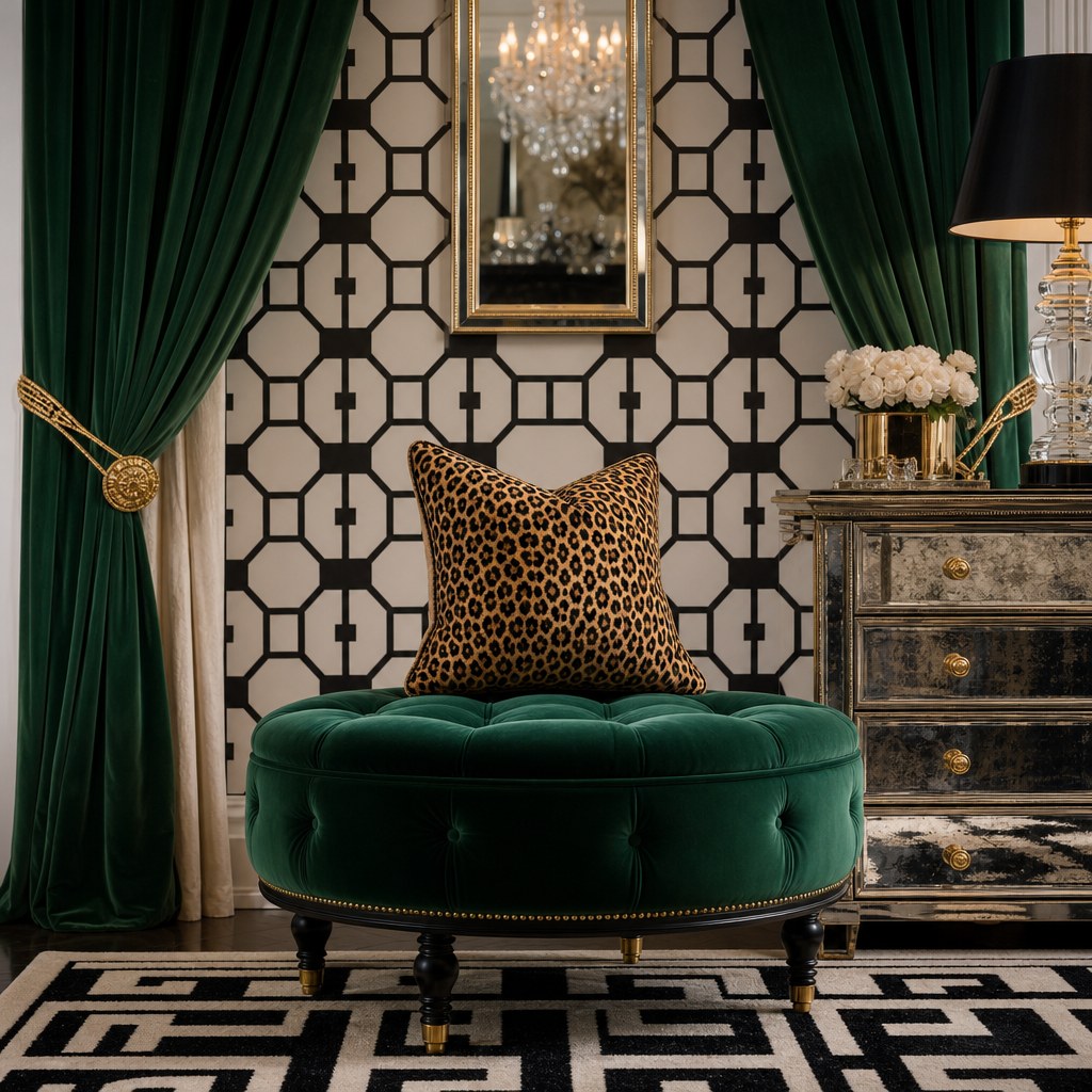 Hollywood Regency pattern and textile: geometric repeat wallpaper behind leopard print pillow on tufted ottoman, brass drapery holdbacks framing jewel-tone velvet curtains