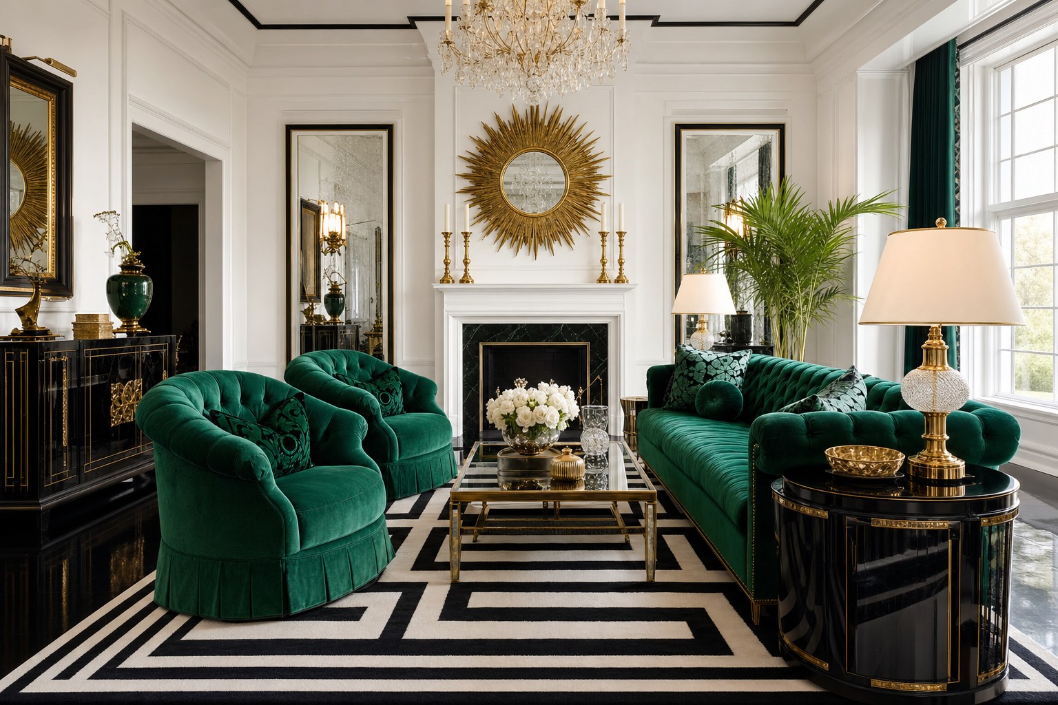 Hollywood Regency living room with emerald velvet tufted seating, oversized sunburst mirror, brass candlesticks, crystal chandelier, and lacquered side table