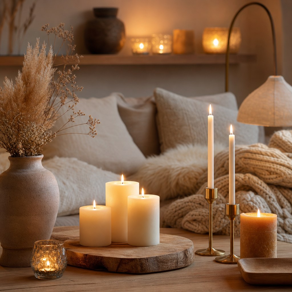 Hygge candlelight kit: cluster of three cream pillar candles on a raw wood tray on a coffee table, two brass taper candleholders with slim white tapers, beeswax pillar candle in warm amber tone, glass tea lights on wooden shelf casting warm glow against a cream wall