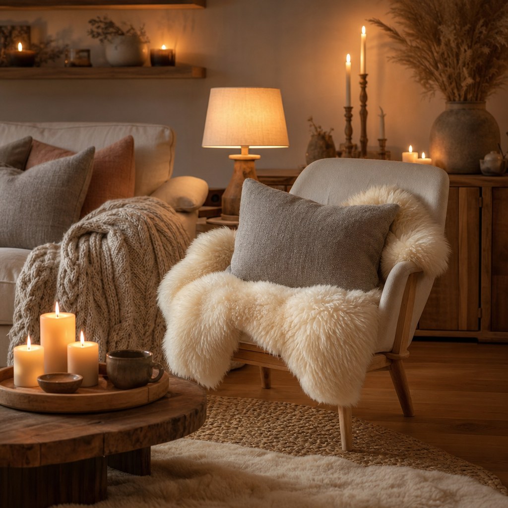 Hygge chunky knit textiles: oatmeal cable-knit chunky throw draped over cream sofa arm, genuine sheepskin in warm ivory draped over armchair seat, set of natural linen throw pillow covers in warm grey and blush on sofa, soft layered texture composition in warm candlelight