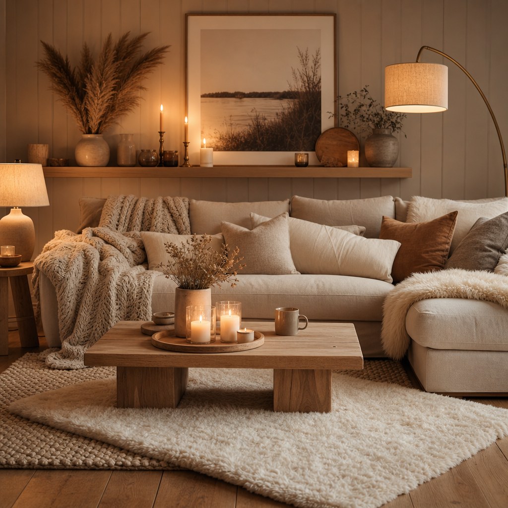 Hygge layered rug foundation: natural jute or wool braided base rug in warm oatmeal covering living room seating zone under cream sofa and wood coffee table, plush ivory cream accent rug layered on top at slight angle in front of sofa, warm wood floors visible at perimeter