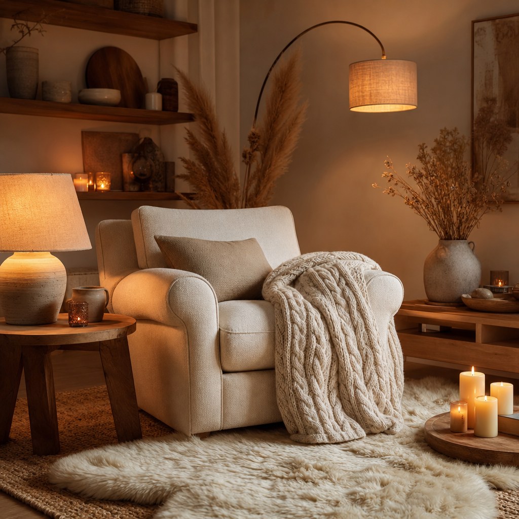 Hygge warm ambient lighting: table lamp with linen shade on wood side table casting warm amber glow beside cream armchair, arc floor lamp with fabric diffuser shade in corner behind seating area, warm 2700K bulb color temperature creating pool of soft light on layered rugs