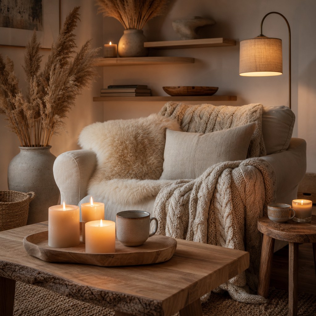 Hygge natural wood layer: raw edge beech wood tray on coffee table holding three pillar candles and a ceramic mug, pale ash floating wall shelves with small stack of books, dried pampas grass in ceramic vase, and a simple pine side table beside armchair holding a candle and tea cup
