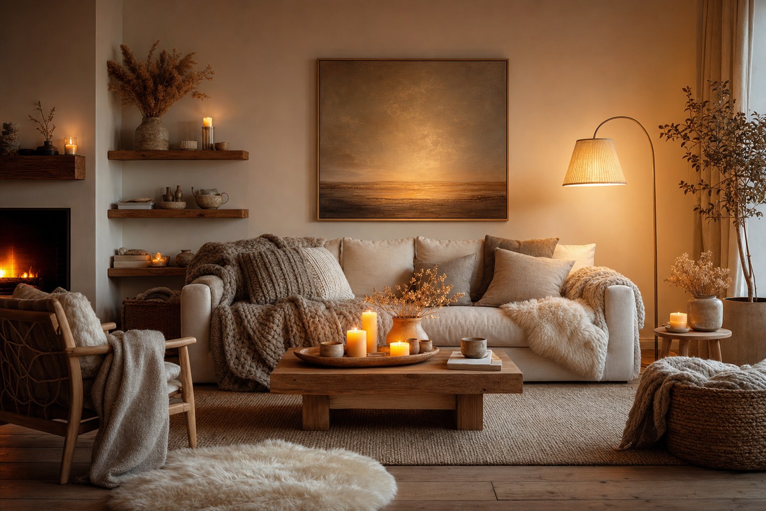 Hygge interior design living room with cream sofa layered with chunky knit throws in oatmeal and warm grey, lit pillar candles on wood tray on coffee table, sheepskin rug on plank floors, warm amber floor lamp casting pool of soft light, dried flowers in ceramic vase on wooden shelf