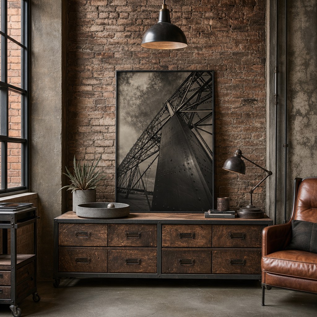Industrial raw material anchor: faux brick peel-and-stick wall panel with three-dimensional texture, concrete-effect grey wall paint on accent surface, concrete-look decorative tray