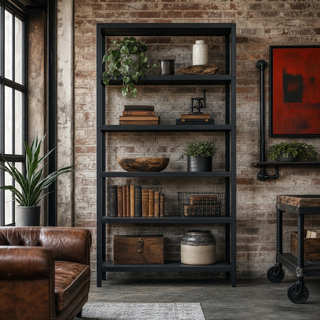 Industrial steel frame layer: matte black 5-shelf etagere bookcase with open frame construction, wall-mounted black pipe shelf with visible bracket hardware, matte black cabinet pulls