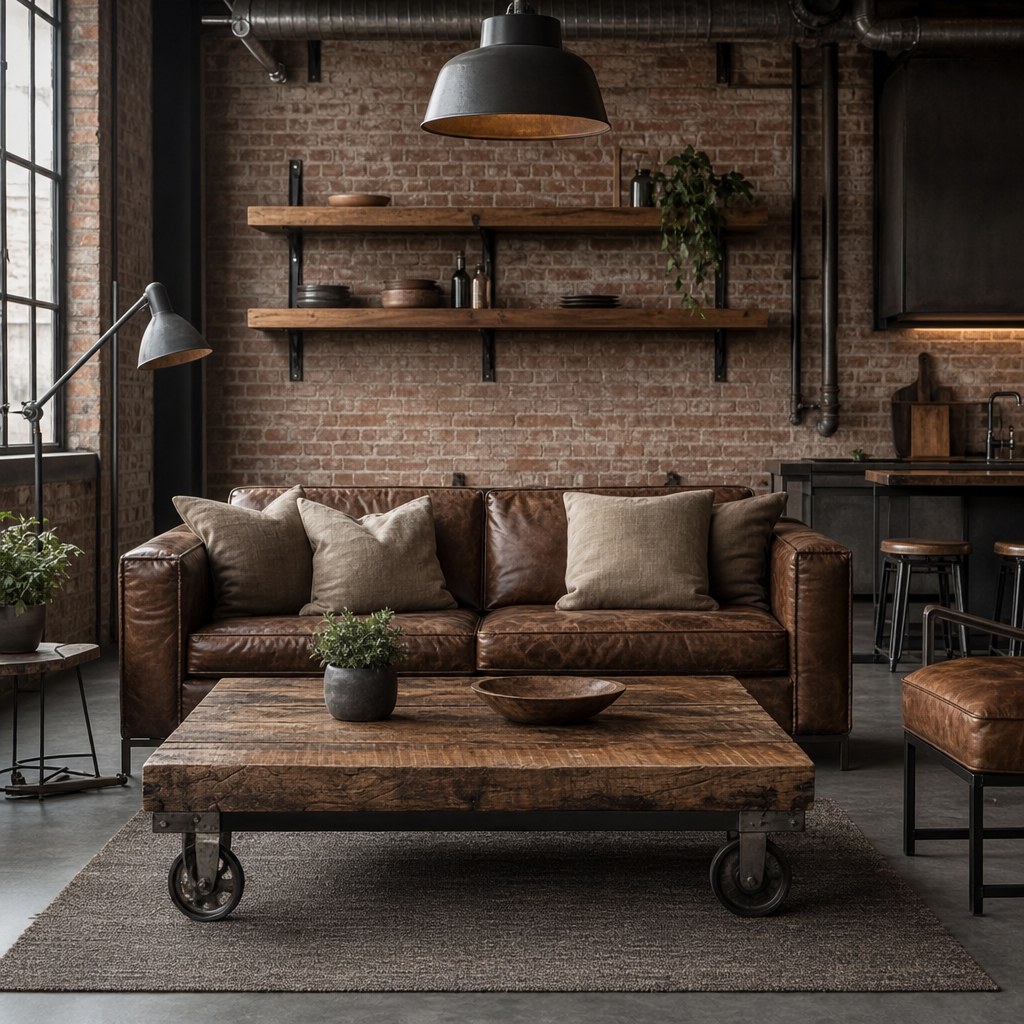Industrial reclaimed wood warmth: reclaimed wood coffee table with visible grain and natural imperfections, solid oak floating shelf set, live edge serving board on concrete-look kitchen surface