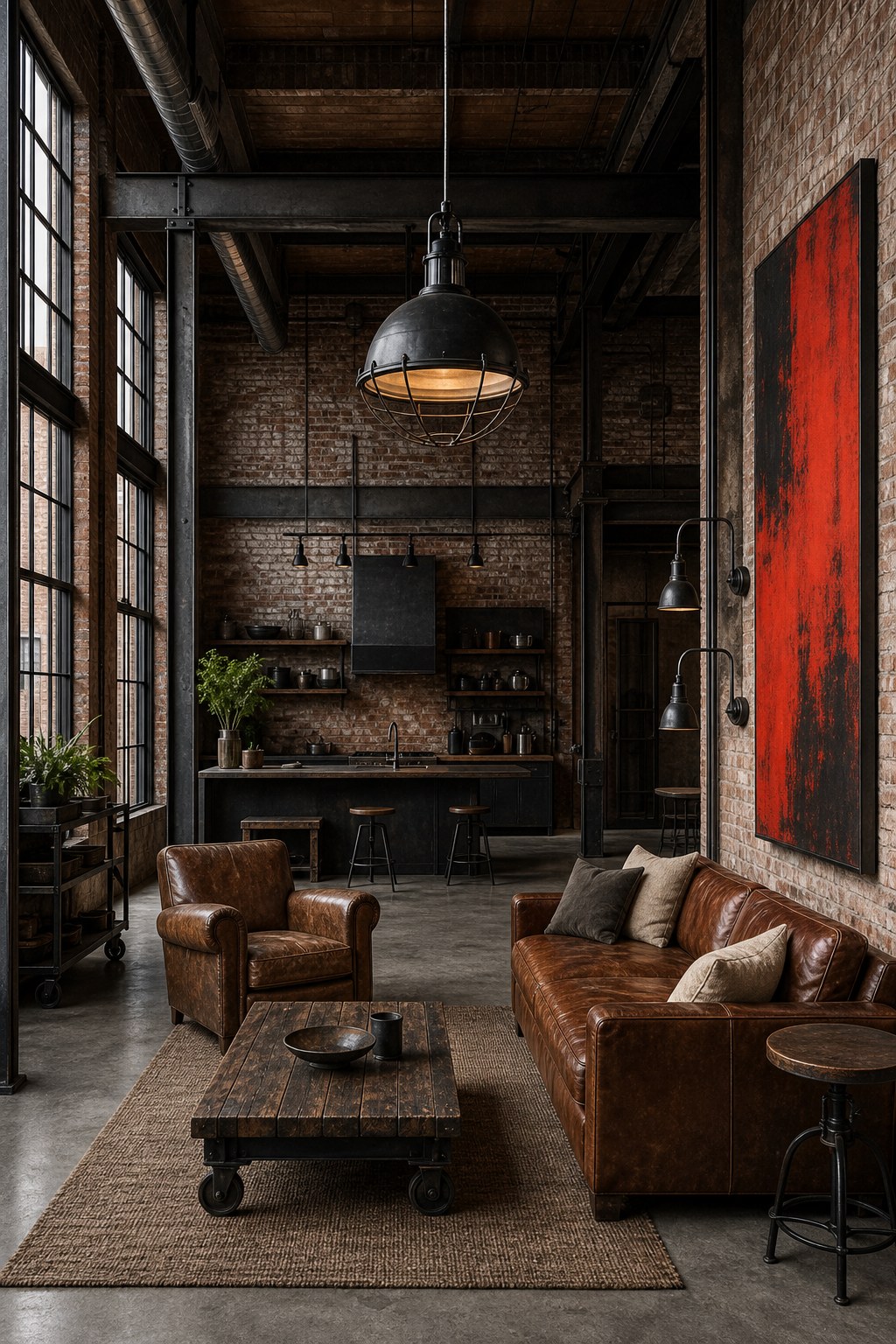 Industrial factory lighting: matte black cage pendant light over seating area, adjustable black pipe wall sconce pair, industrial 3-head track lighting in kitchen zone
