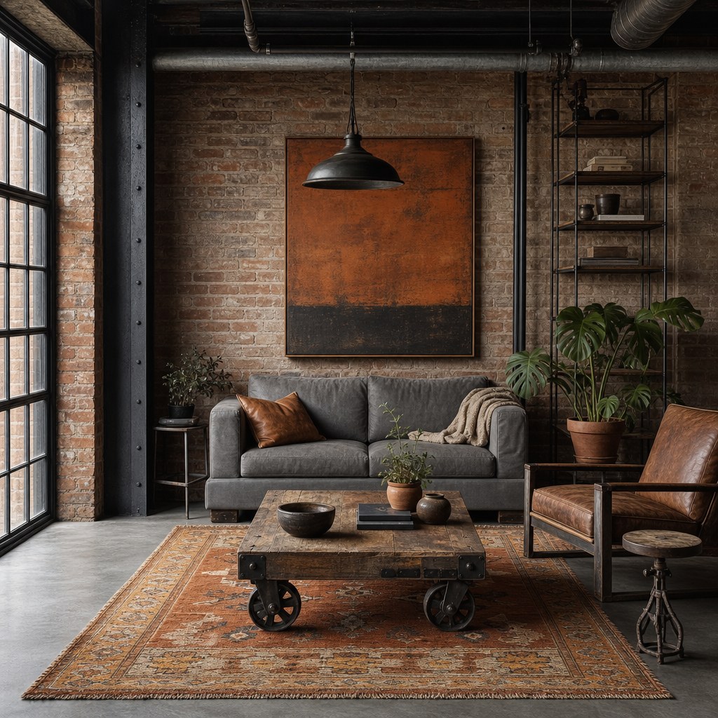 Industrial warmth edit: kilim area rug in warm terracotta and ochre tones on concrete-look floor, monstera deliciosa in terracotta pot beside steel bookcase, cognac leather throw pillow on grey sofa