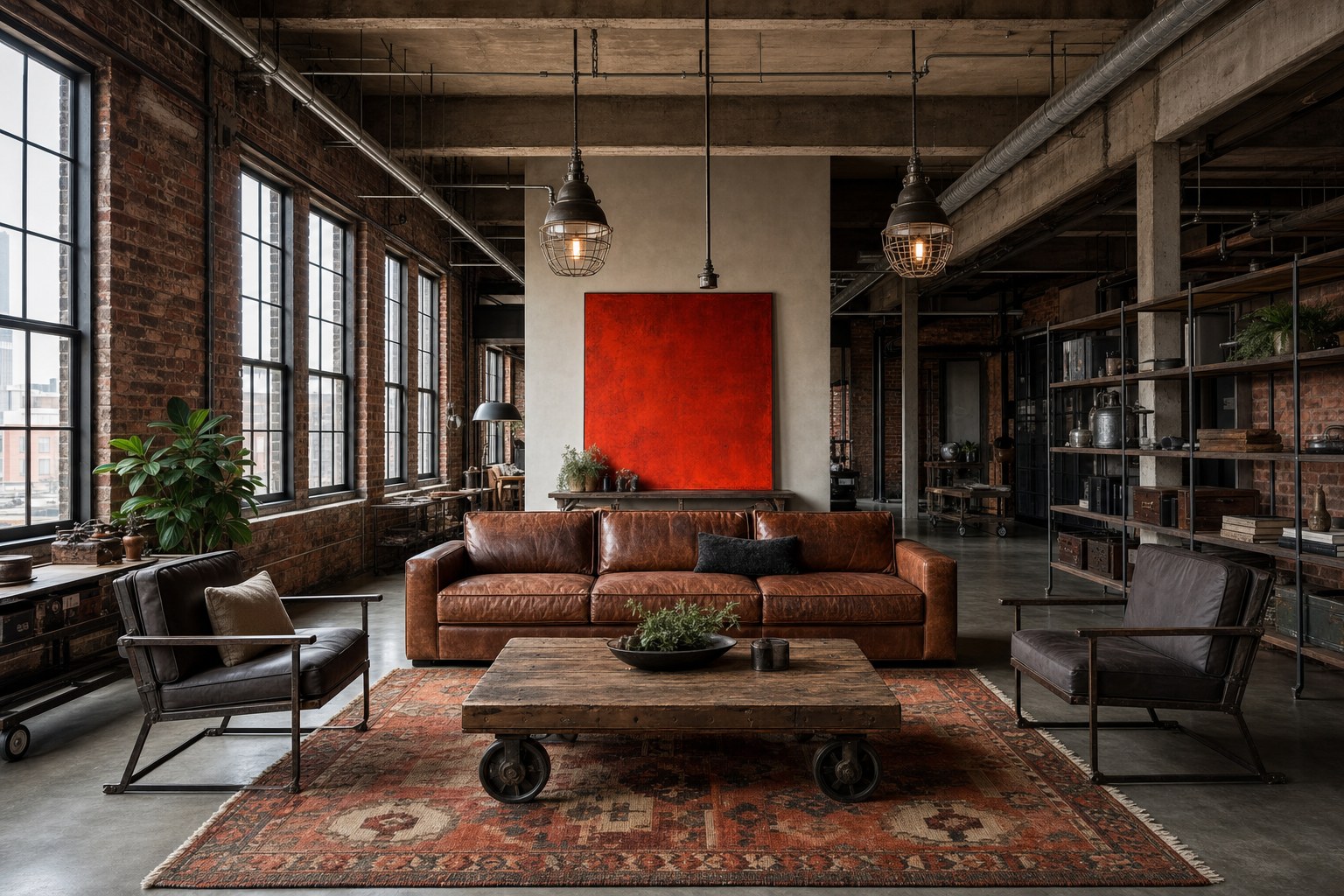 Industrial loft living space: exposed concrete ceiling, matte black steel shelving unit, reclaimed wood coffee table, kilim area rug in warm tones, cage pendant lighting over seating area