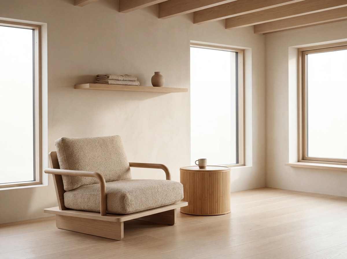 Japandi living room with low-profile chair, bamboo side table, and floating white oak shelf in warm neutral tones