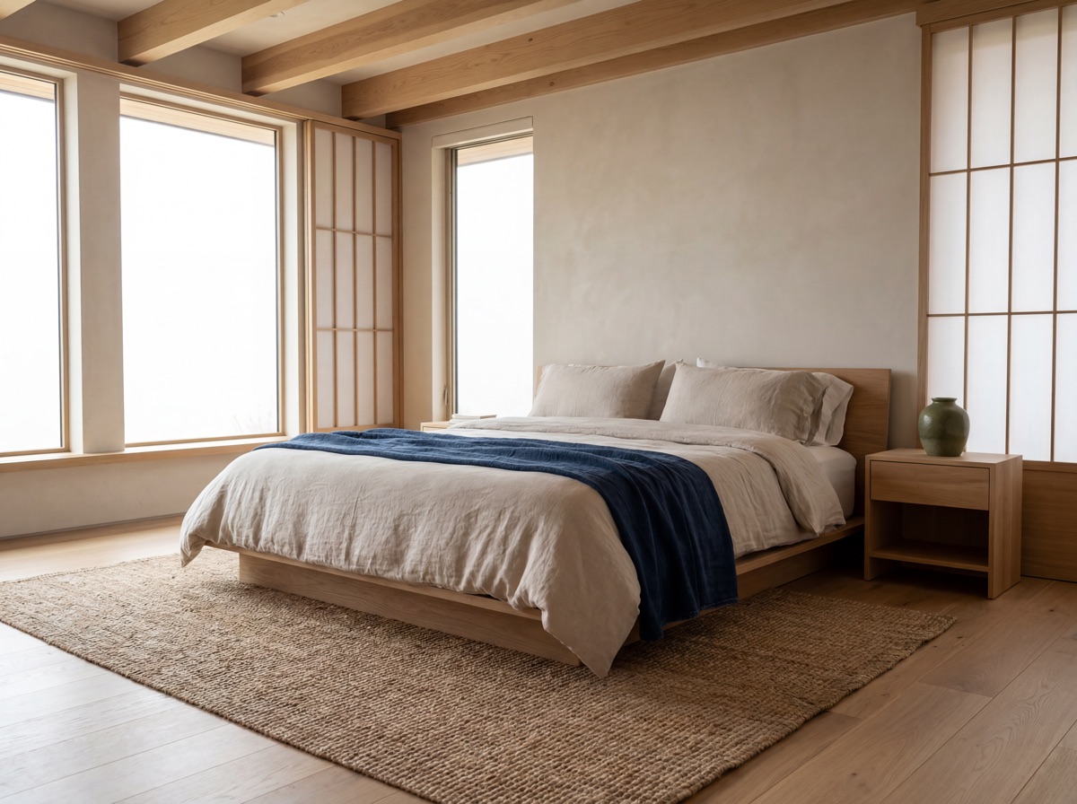 Japandi bedroom with IKEA PUDERVIVA linen duvet, stonewashed throw, and jute flatweave rug in warm oatmeal tones