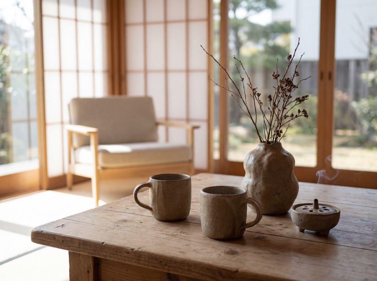 Japandi wabi-sabi ceramics arranged on natural wood surface - matte stoneware mugs, organic vase, and incense holder