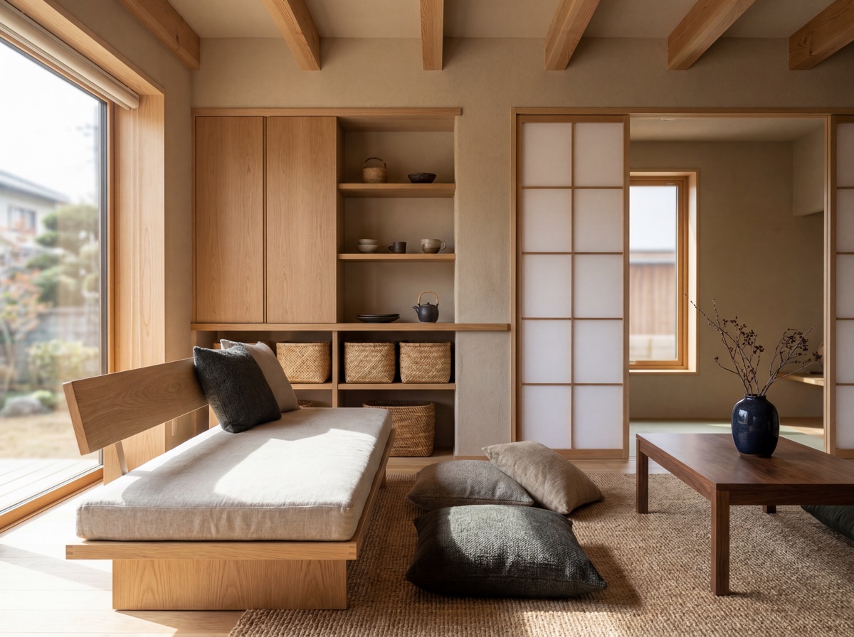 Japandi hidden storage - KALLAX shelving with closed doors, bamboo baskets, and minimal countertop surfaces