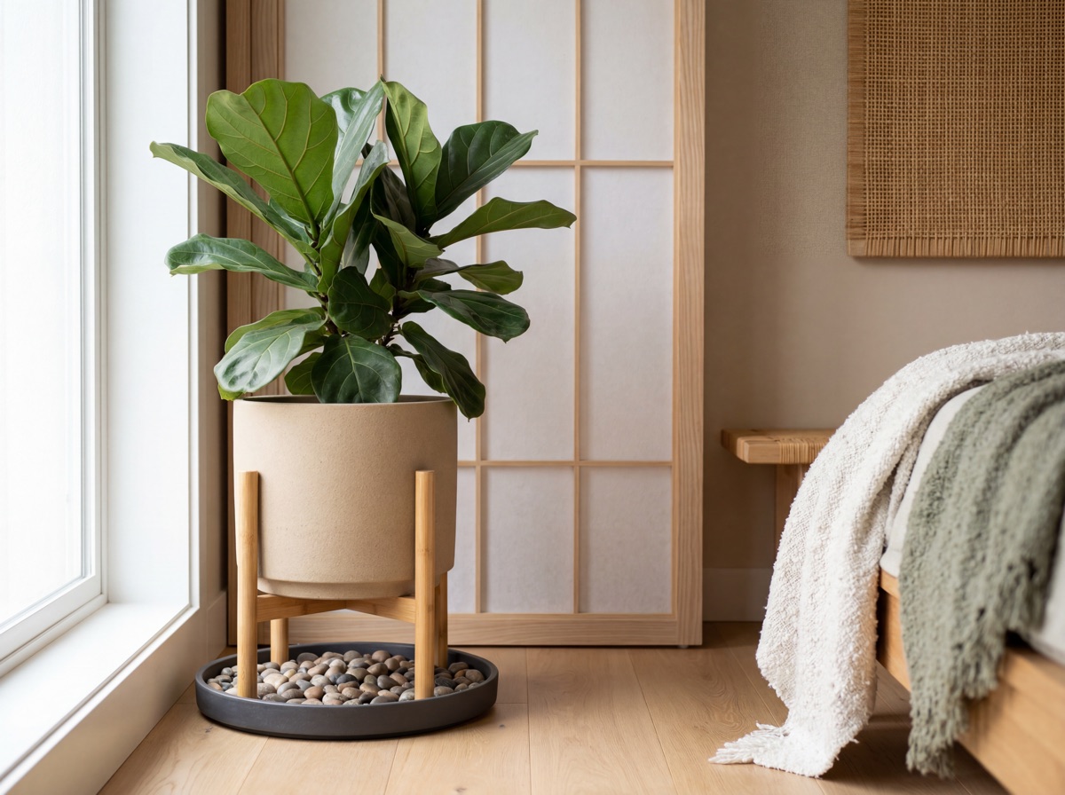Japandi biophilic corner with single sculptural plant in matte ceramic planter on bamboo stand with river pebble tray
