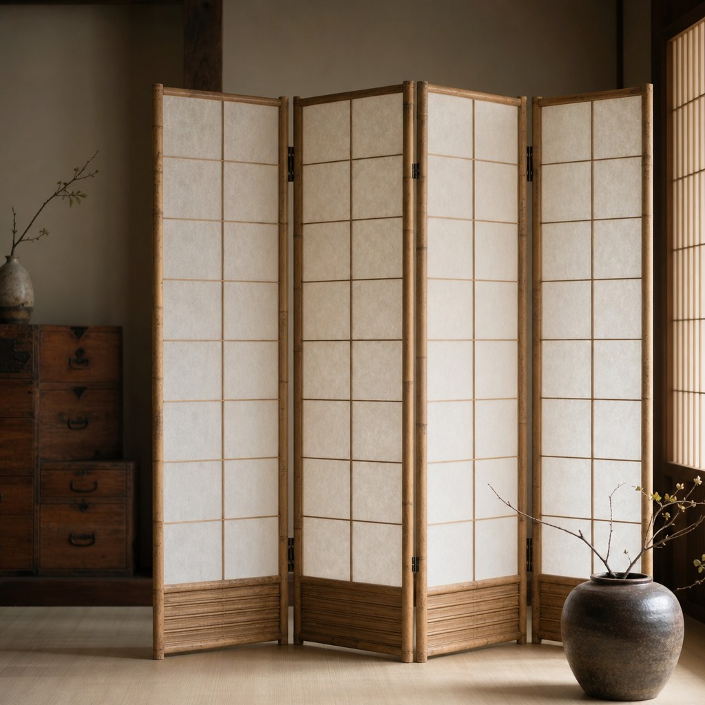 Japanese shoji screen room divider: four-panel folding screen with natural bamboo frame and translucent rice paper panels diffusing soft warm window light, creating a serene zoned space in a neutral interior with pale wood floors