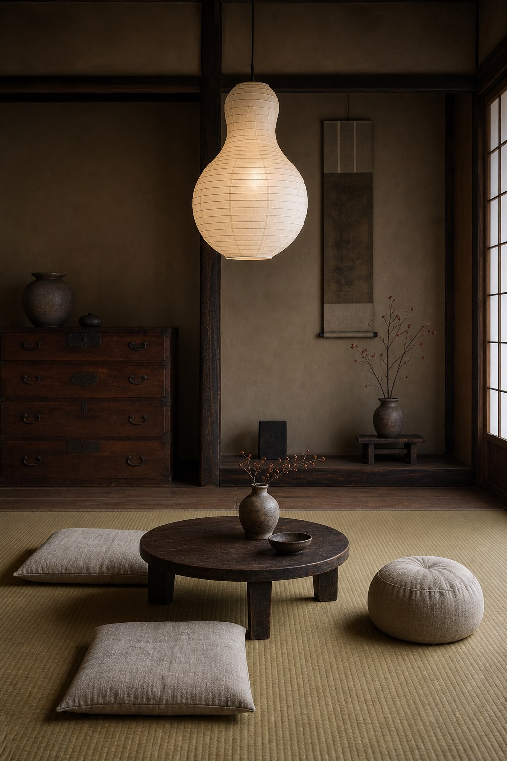 Japanese tatami floor cushion layer: woven igusa rush tatami area mat in warm natural green-gold tone, two flat zabuton floor cushions in undyed linen, one round zafu meditation cushion, all arranged at floor level on a pale wood surface with soft natural light