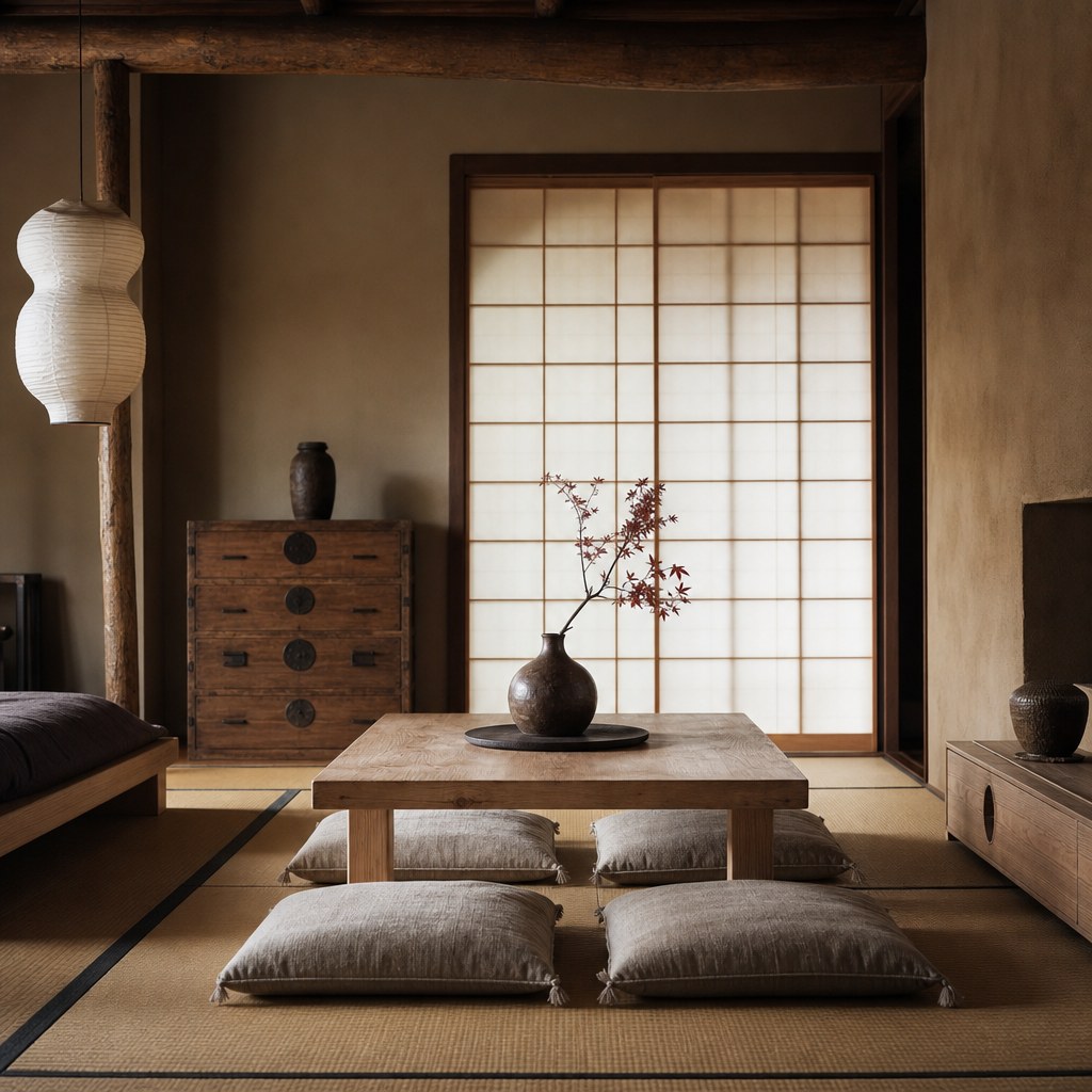 Japanese low profile furniture: pale ash chabudai low table at 12 inches height surrounded by natural linen zabuton floor cushions, low platform bed frame in pale pine with clean slats, low media console in ash with single decorative ceramic piece on top