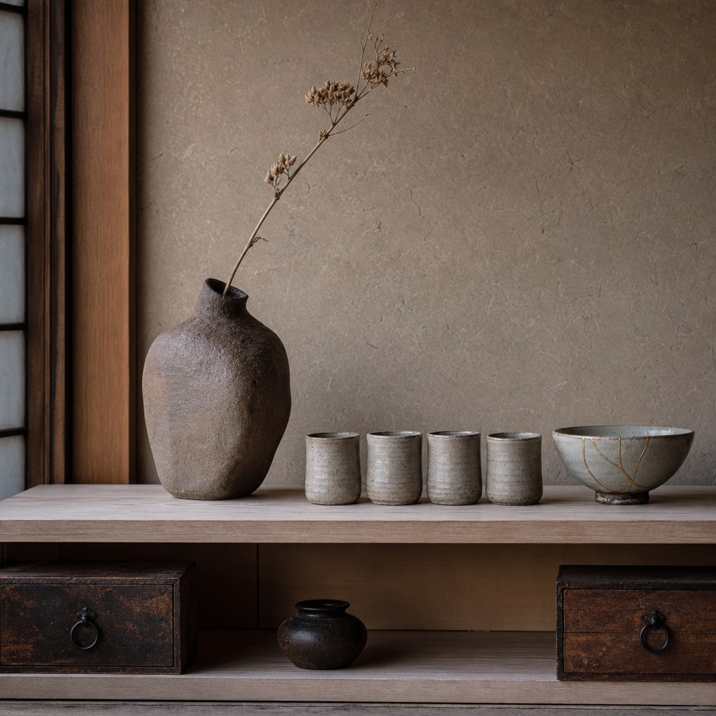 Japanese wabi-sabi ceramics: matte unglazed stoneware vase in natural clay tone with organic irregular form holding a single dried stem, four handthrown tea cups with visible throwing lines and subtly uneven rims in warm grey glaze, kintsugi ceramic bowl with gold repair lines on a pale ash wood shelf