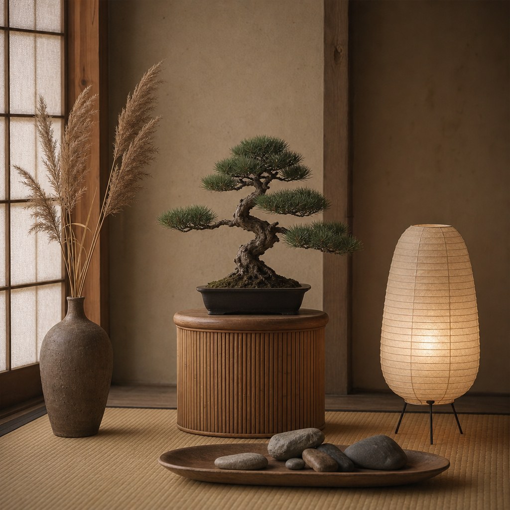 Japanese bamboo and natural materials: bonsai tree on solid bamboo display pedestal, bundle of dried pampas grass stems in matte clay vase, washi paper lampshade casting warm diffused light, natural river stones arranged on pale wood tray, all materials wood stone grass clay paper in neutral warm white and pale wood setting