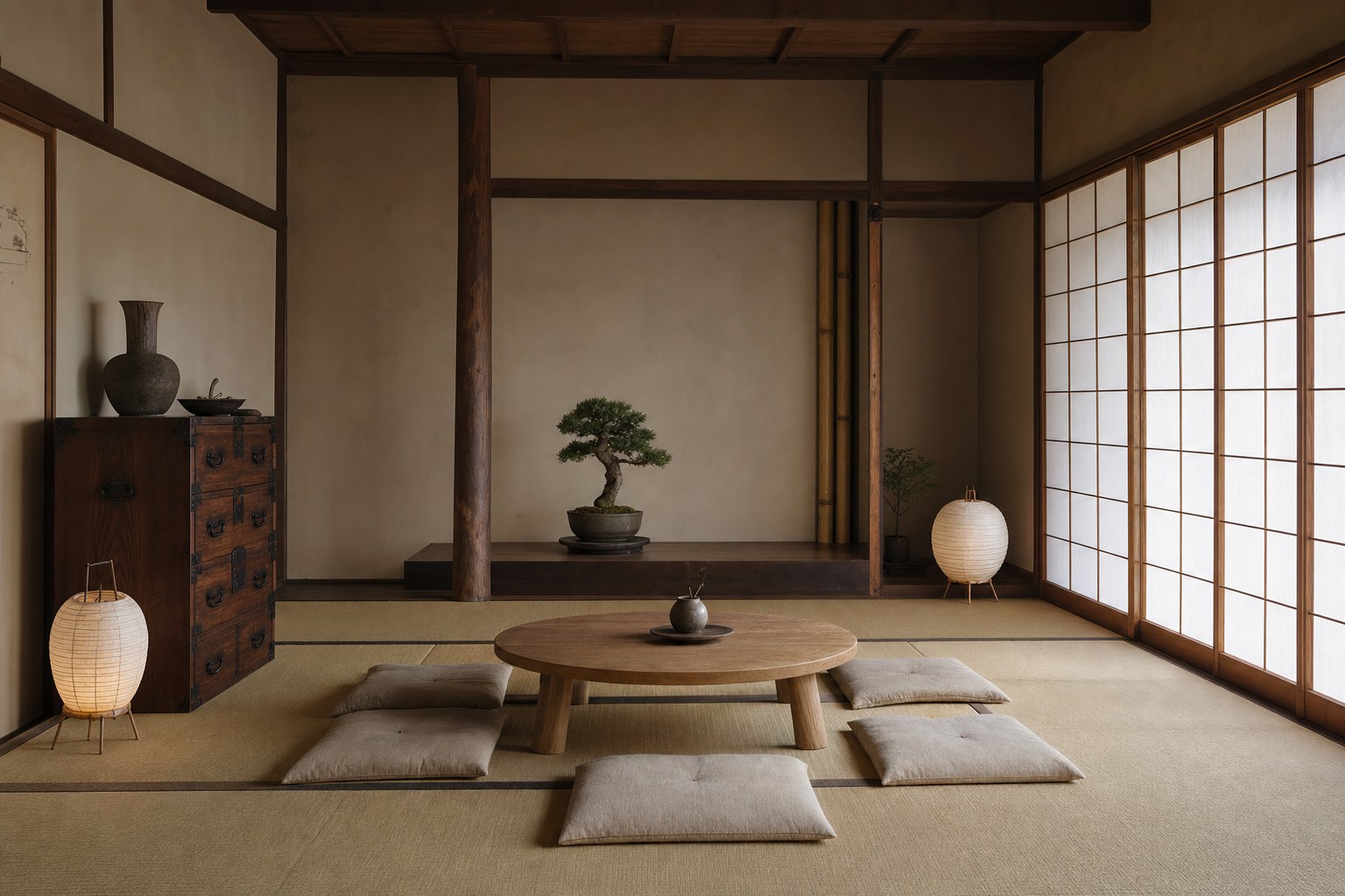 Japanese interior design: serene tatami-mat living room with shoji sliding screen panels diffusing soft natural light, low chabudai table in pale ash wood, zabuton floor cushions in natural linen, single bonsai on a tokonoma shelf, bamboo accent in corner, neutral warm white and natural wood palette