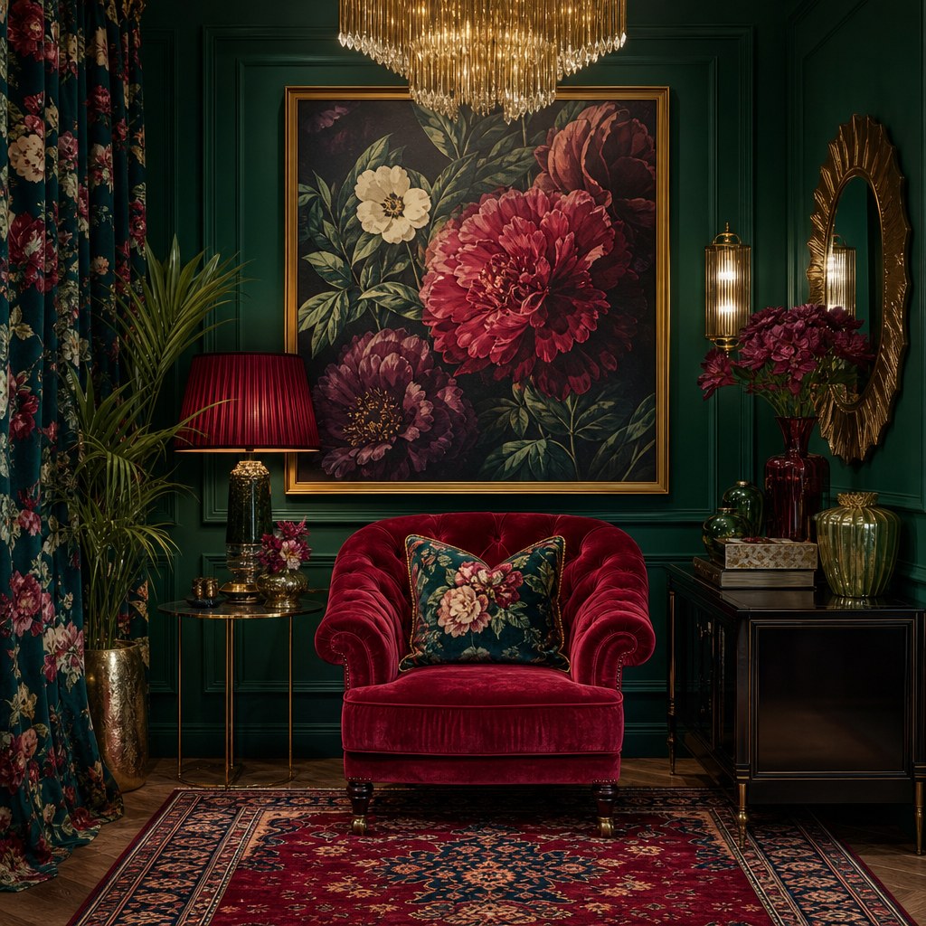 Bold foundation for maximalist room: deep emerald painted walls, large-scale floral patterned curtains in jewel tones, richly colored room with strong color commitment and layered textiles