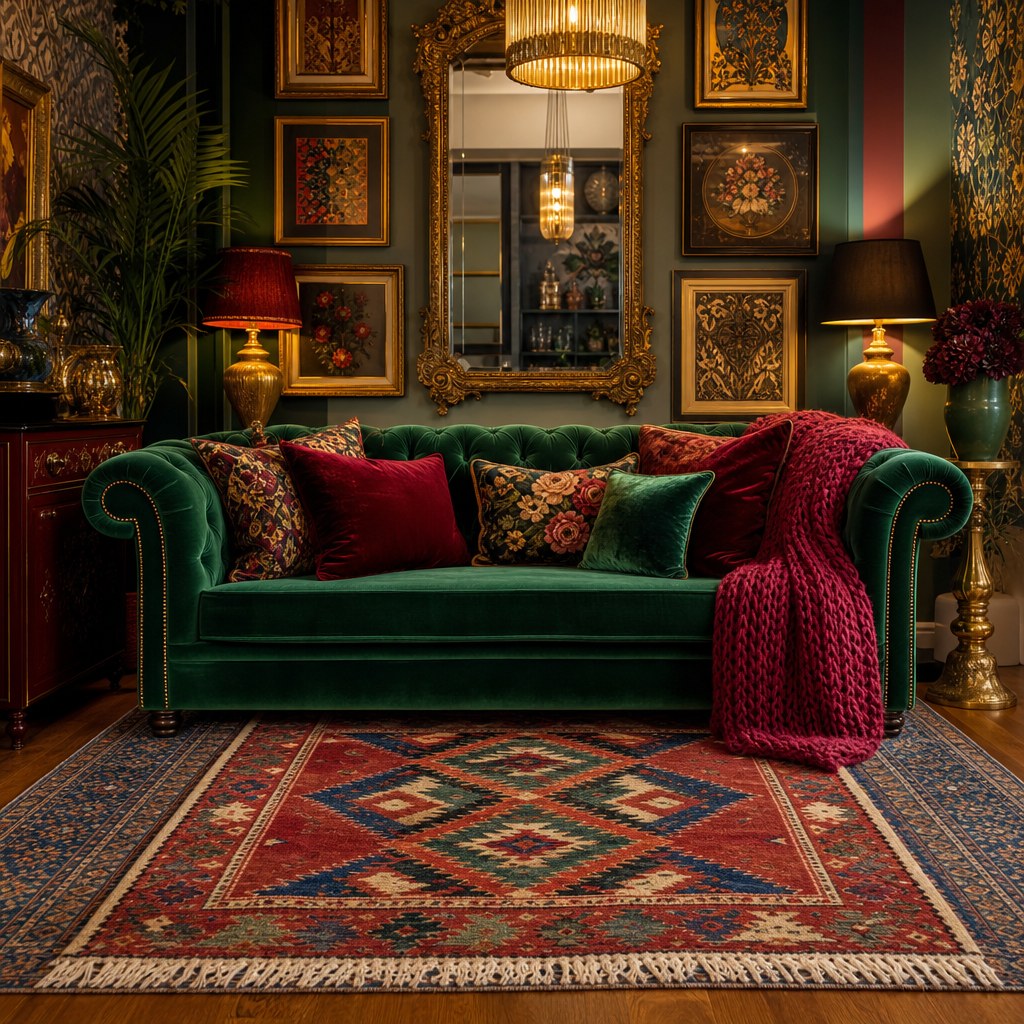 Maximalist textile stack: layered vintage kilim rug over base area rug on hardwood floor, jewel-tone velvet throw pillows in emerald and burgundy clustered on velvet sofa, chunky knit bold-color throw draped at arm