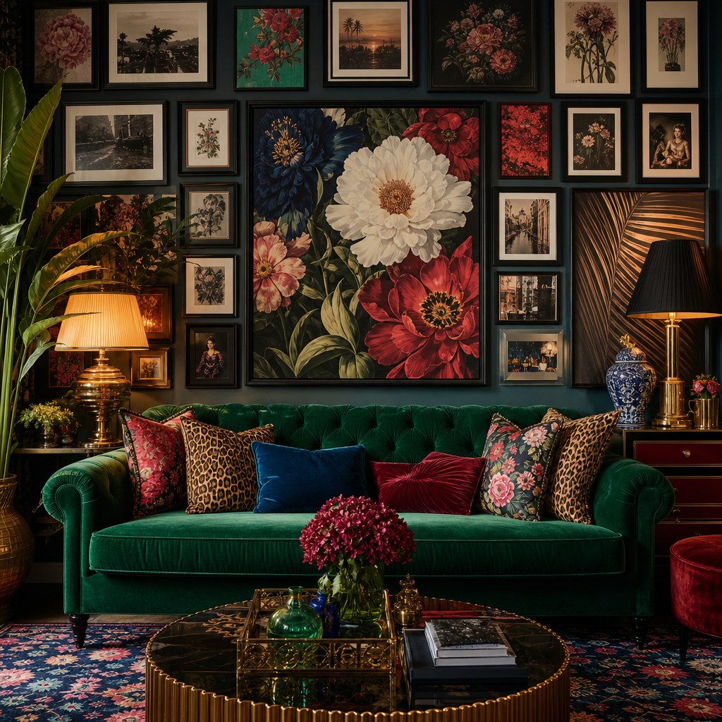 Maximalist gallery wall with mixed frame sizes in matte black, diverse artwork including prints and photographs filling wall from edge to edge, large anchor canvas at center eye level