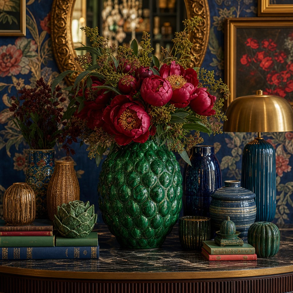 Maximalist collected objects layer: mixed-height decorative vase collection in ceramic and rattan, vintage book stacks with colorful spines, sculptural ceramic objects grouped by height and material contrast