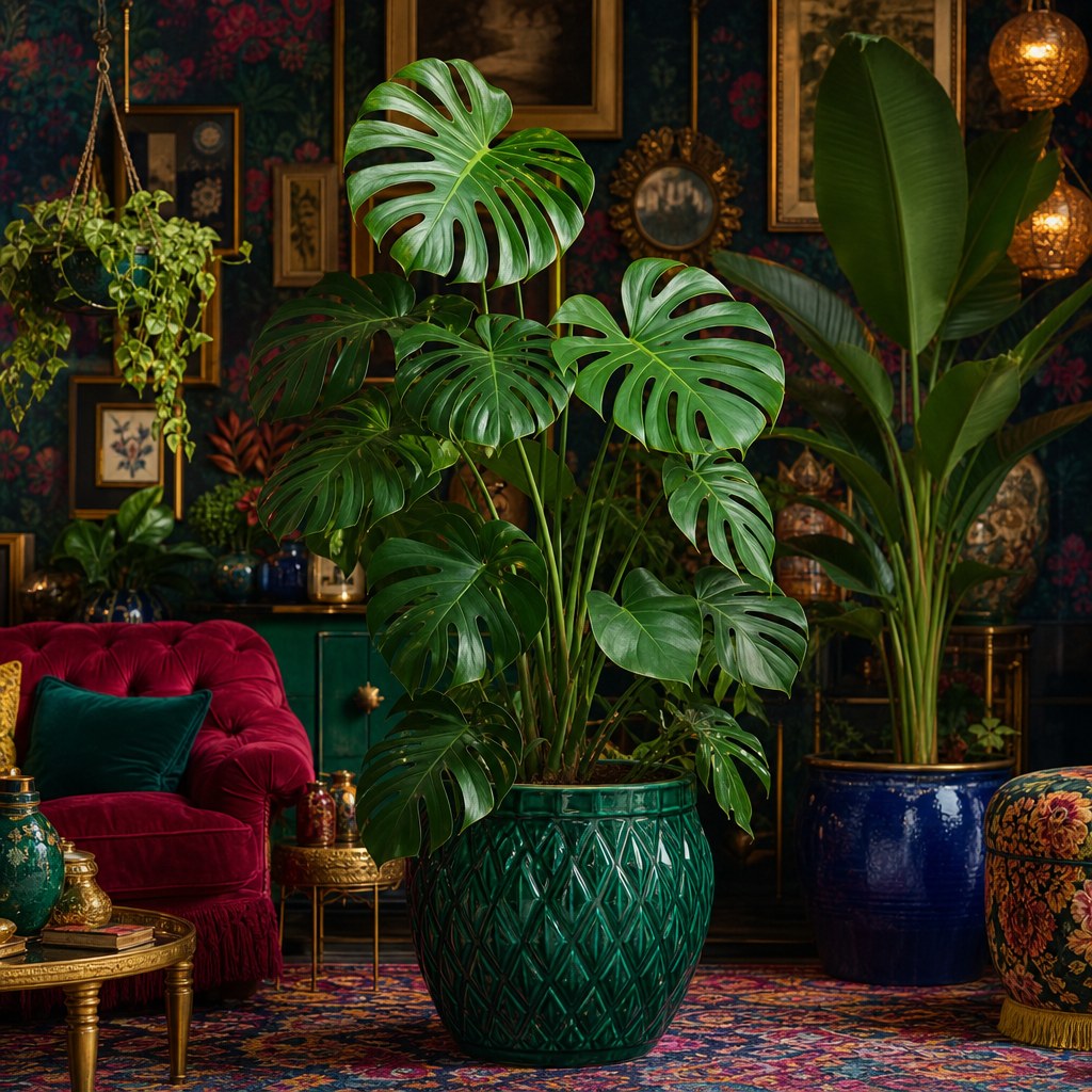 Maximalist plant density: monstera deliciosa and bird of paradise at statement scale in bold ceramic pots, trailing pothos in hanging planter, lush indoor plant collection in maximalist room with jewel-tone accents
