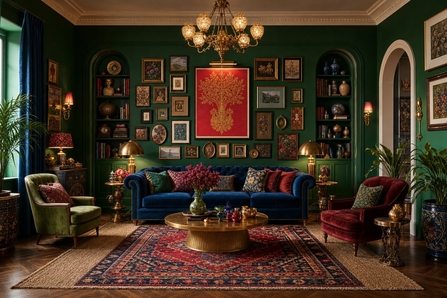 Maximalist living room with rich jewel-tone velvet sofa, gallery wall of mixed-frame artwork, layered kilim rugs over hardwood floor, bold emerald walls, and curated collections of decorative objects on shelving