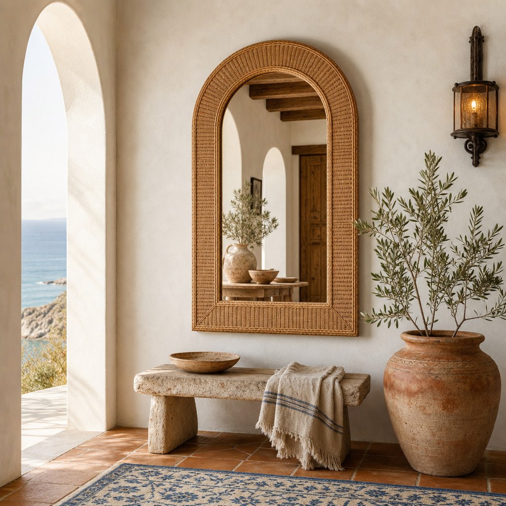 Mediterranean arch element: arched rattan mirror on whitewashed plaster wall beside terracotta pot with olive branches, warm ambient light through arch-shaped window opening