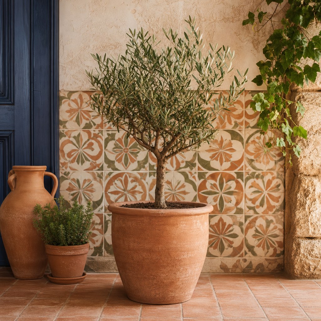 Mediterranean terracotta surface: unglazed terracotta planter pots in varying sizes on terracotta tile floor, with encaustic patterned backsplash tile in warm earth tones