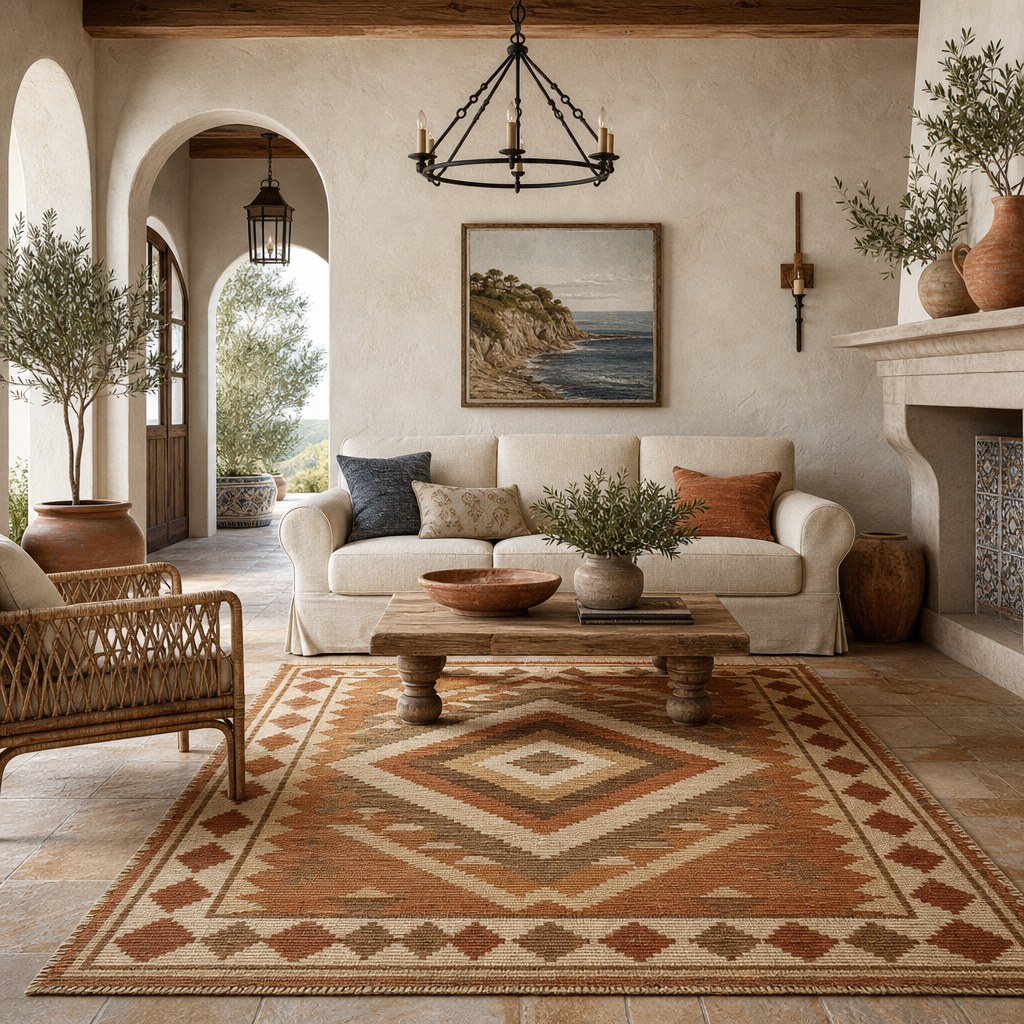 Mediterranean handwoven floor layer: kilim area rug with geometric earth-tone pattern in terracotta, camel, and cream on stone tile floor in Mediterranean living room with arched doorway