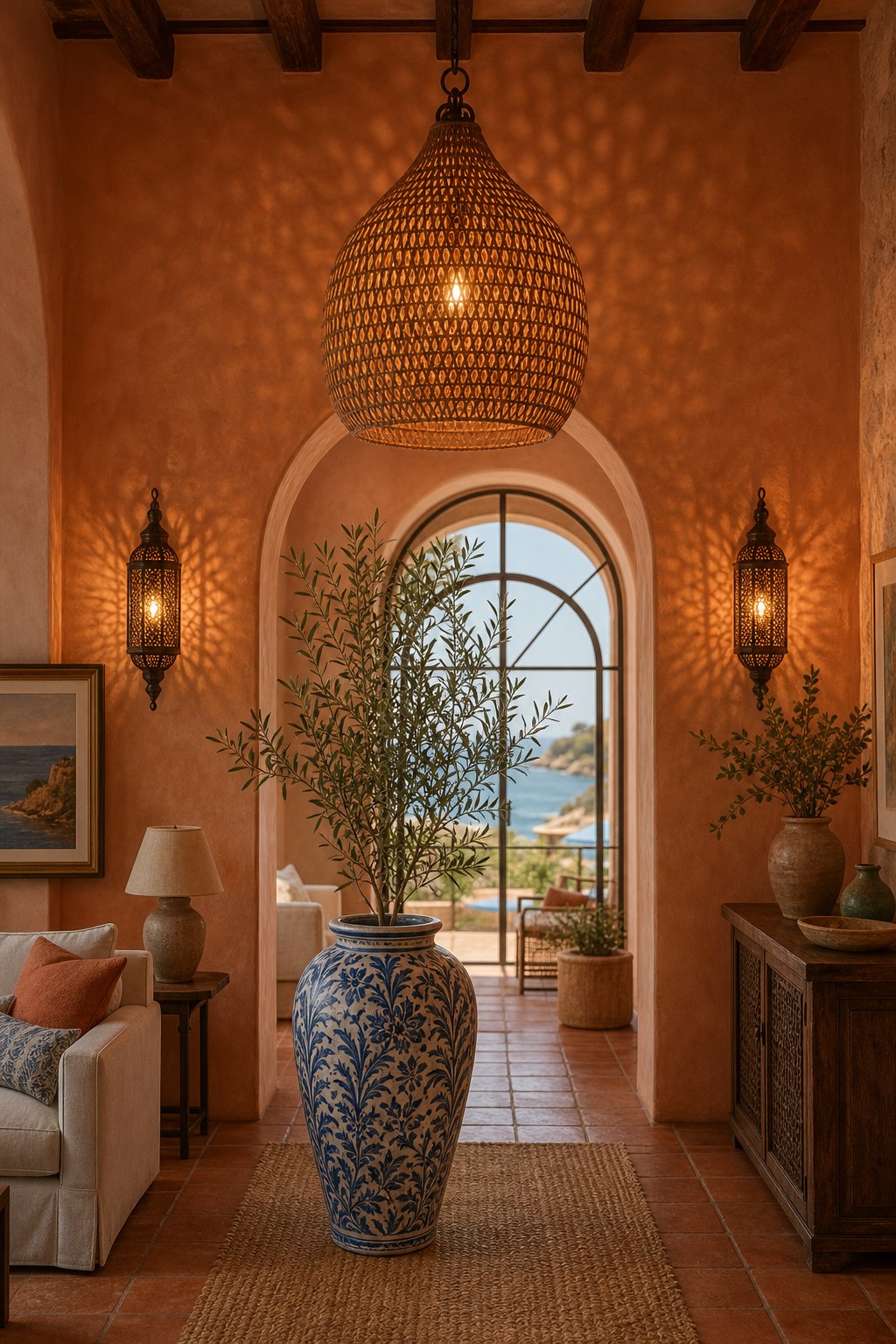 Mediterranean forged metal lighting: rattan woven pendant light casting warm dappled light, hammered iron lantern sconces on plaster wall, warm Edison 2700K bulbs in terracotta-walled room