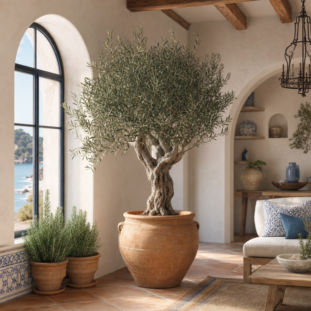 Mediterranean living layer: indoor olive tree with gnarled silver-grey trunk in large unglazed terracotta pot, rosemary herb plants in smaller terracotta pots beside arched window in Mediterranean interior