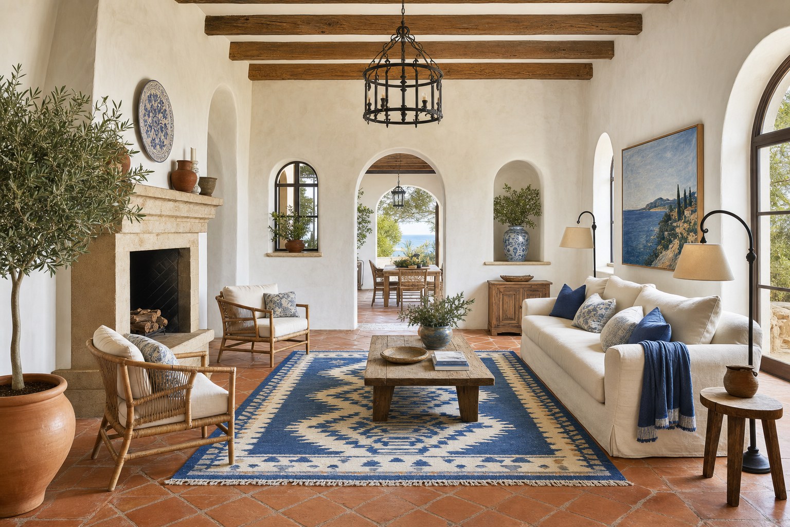 Mediterranean living room with whitewashed plaster walls, terracotta tile floor, arched doorway, kilim rug, forged iron pendant light, and olive tree in large terracotta pot